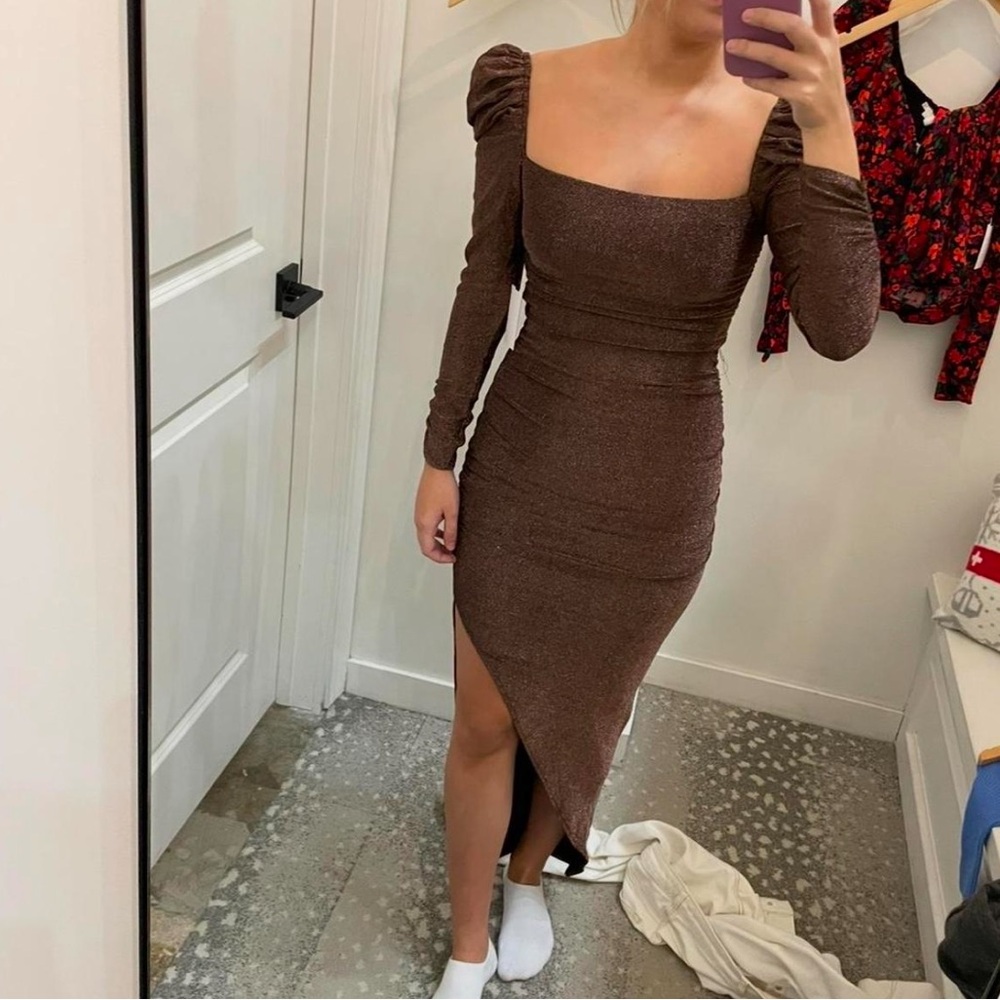 Astr Shimmering Brown Long Sleeve Dress